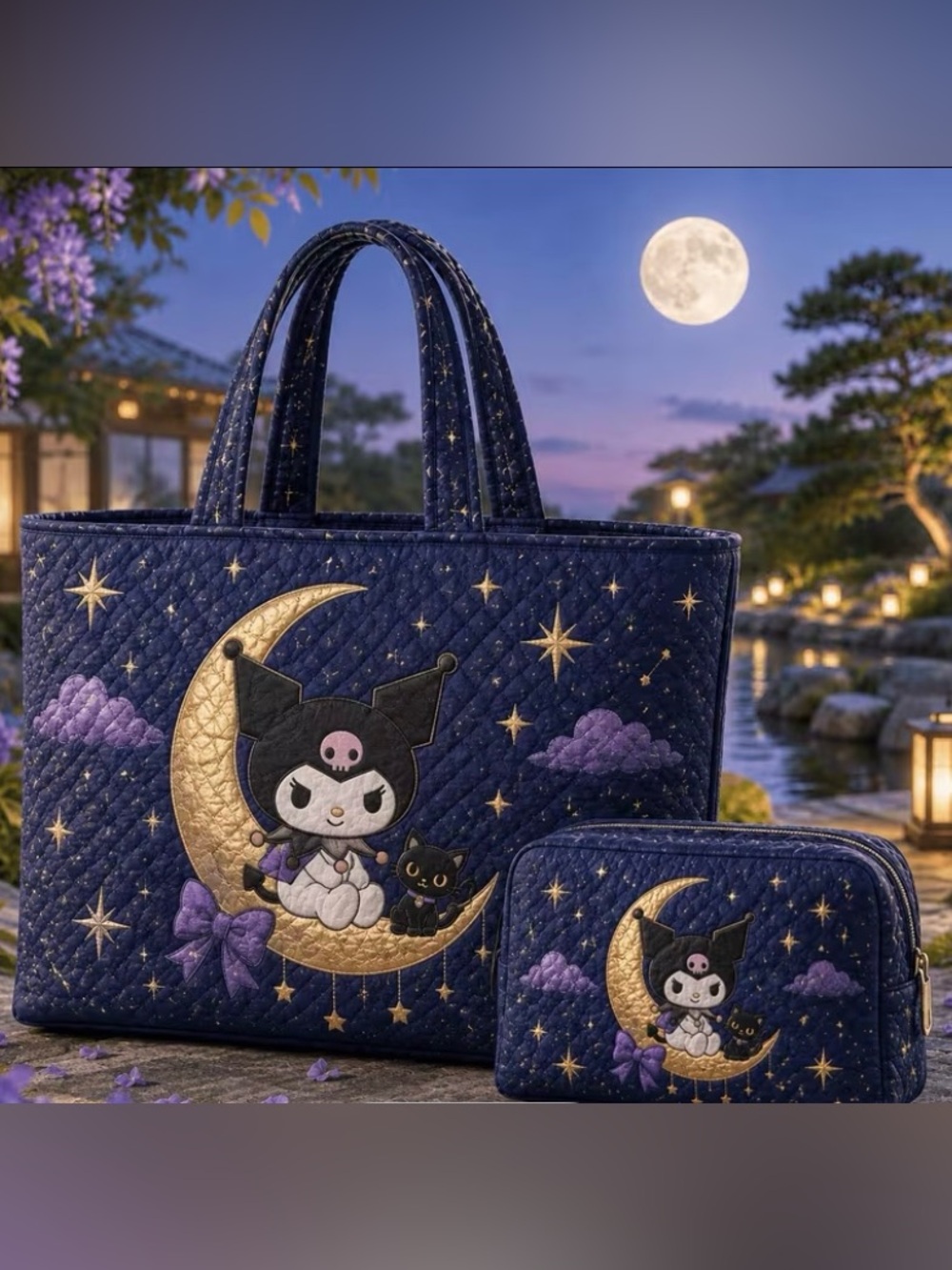Sanrio Navy Quilted Moon Tote with Gold Applique and Purple Accents